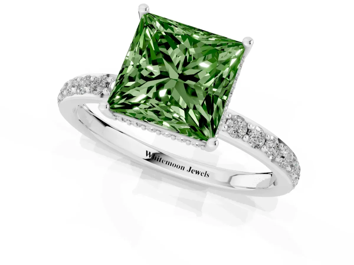 Fancy Green Princess Cut Diamond Solitaire Ring with Pavé Band and Hidden Halo Platinum