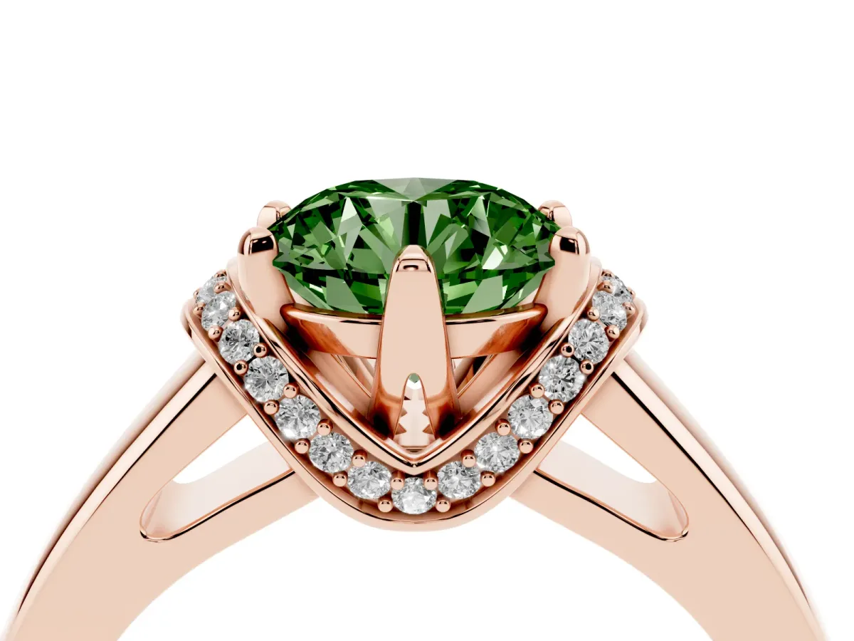 Fancy Green Round Cut Solitaire Diamond Ring with Pave Band and Six-Prong Setting Rose gold