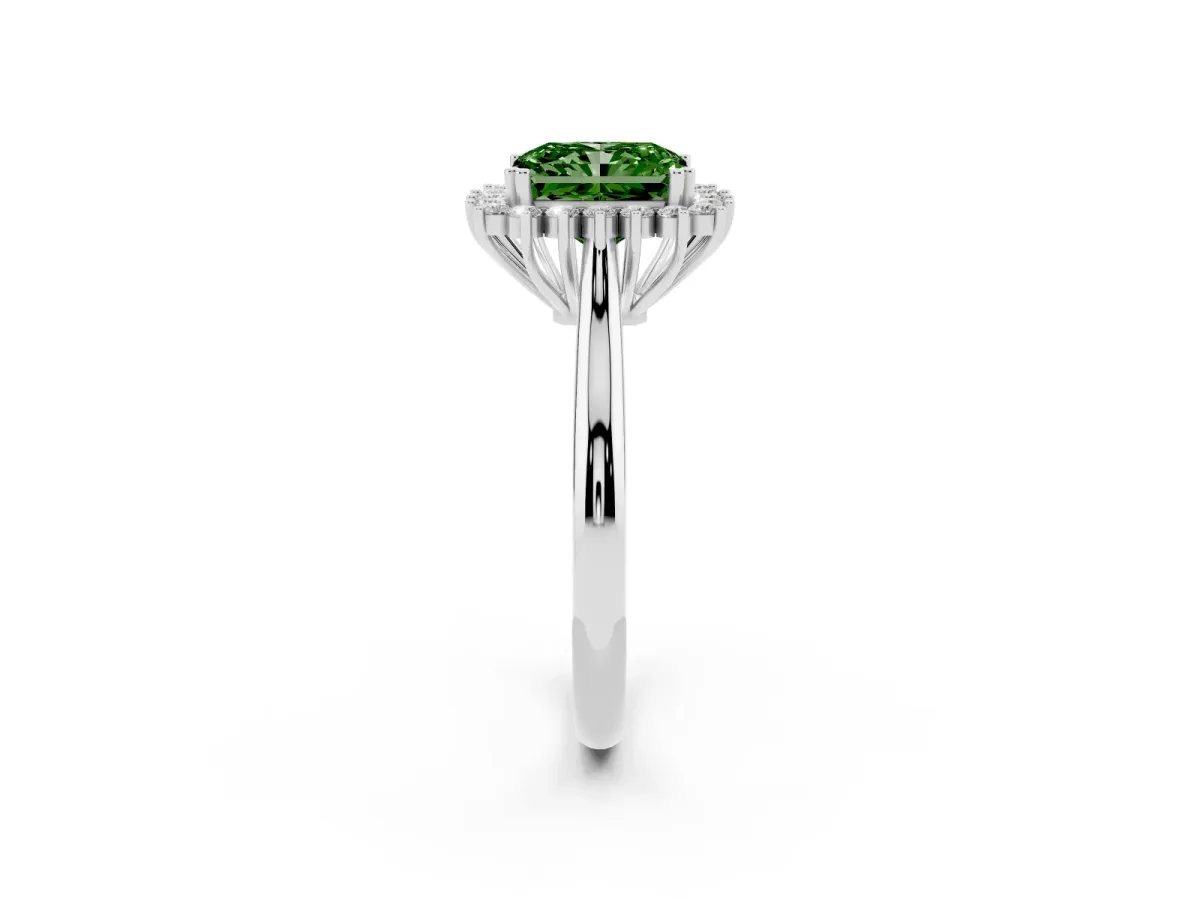 Fancy Green Radiant Cut Cut Diamond Halo Ring with Solitaire Band and Prong Setting Silver