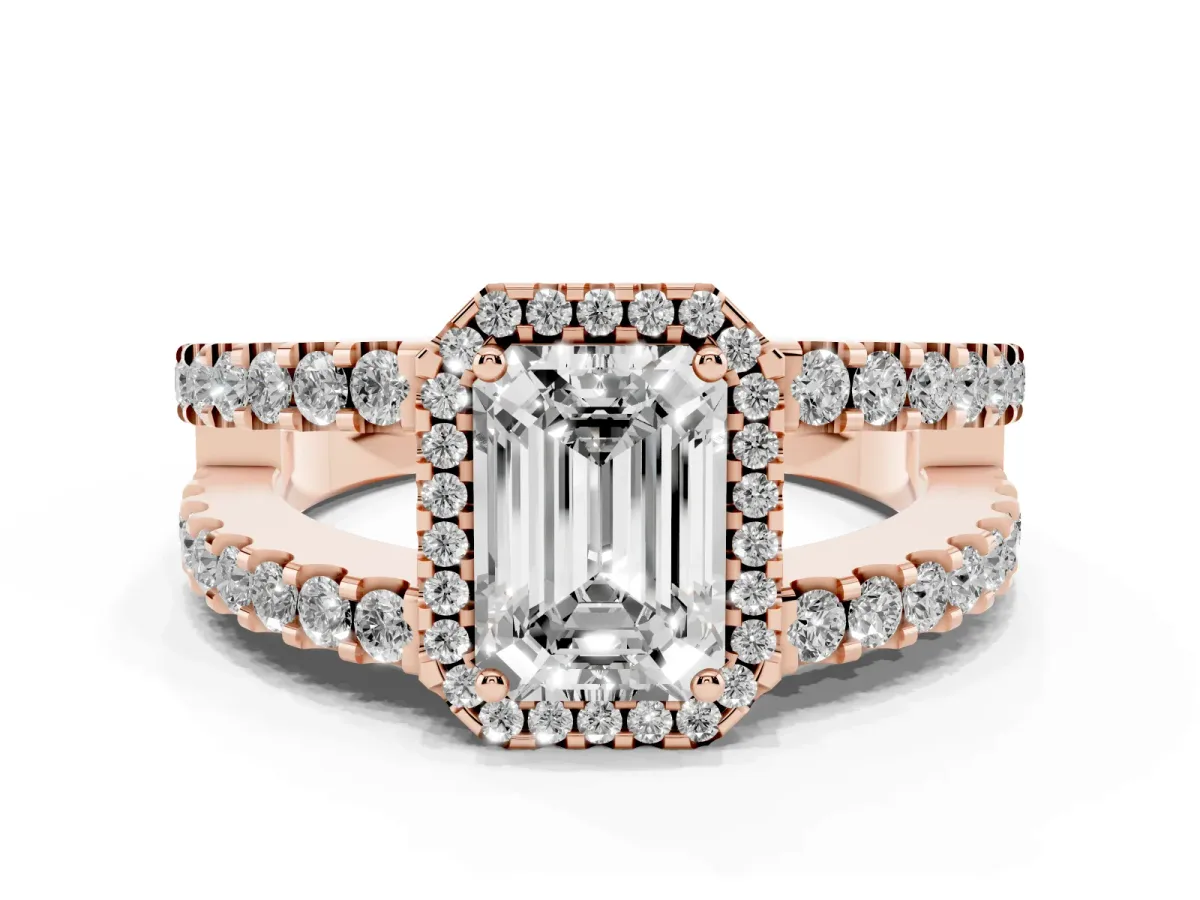 Emerald Cut Cut Halo Split Shank Diamond Ring with Four-Prong Setting Rose gold