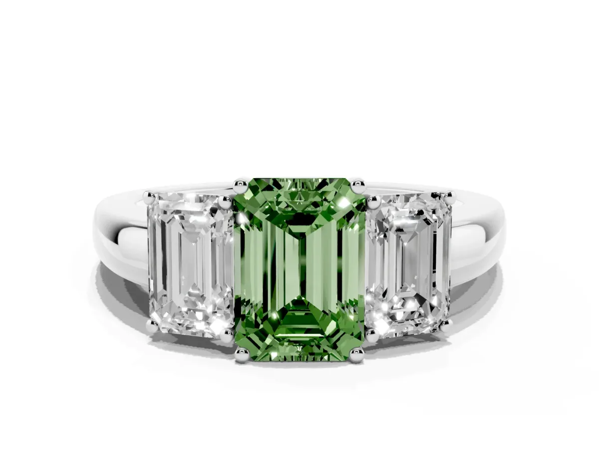 Fancy Green Emerald Cut Diamond Three-Stone Ring with Four-Prong Setting and Classic Band Silver
