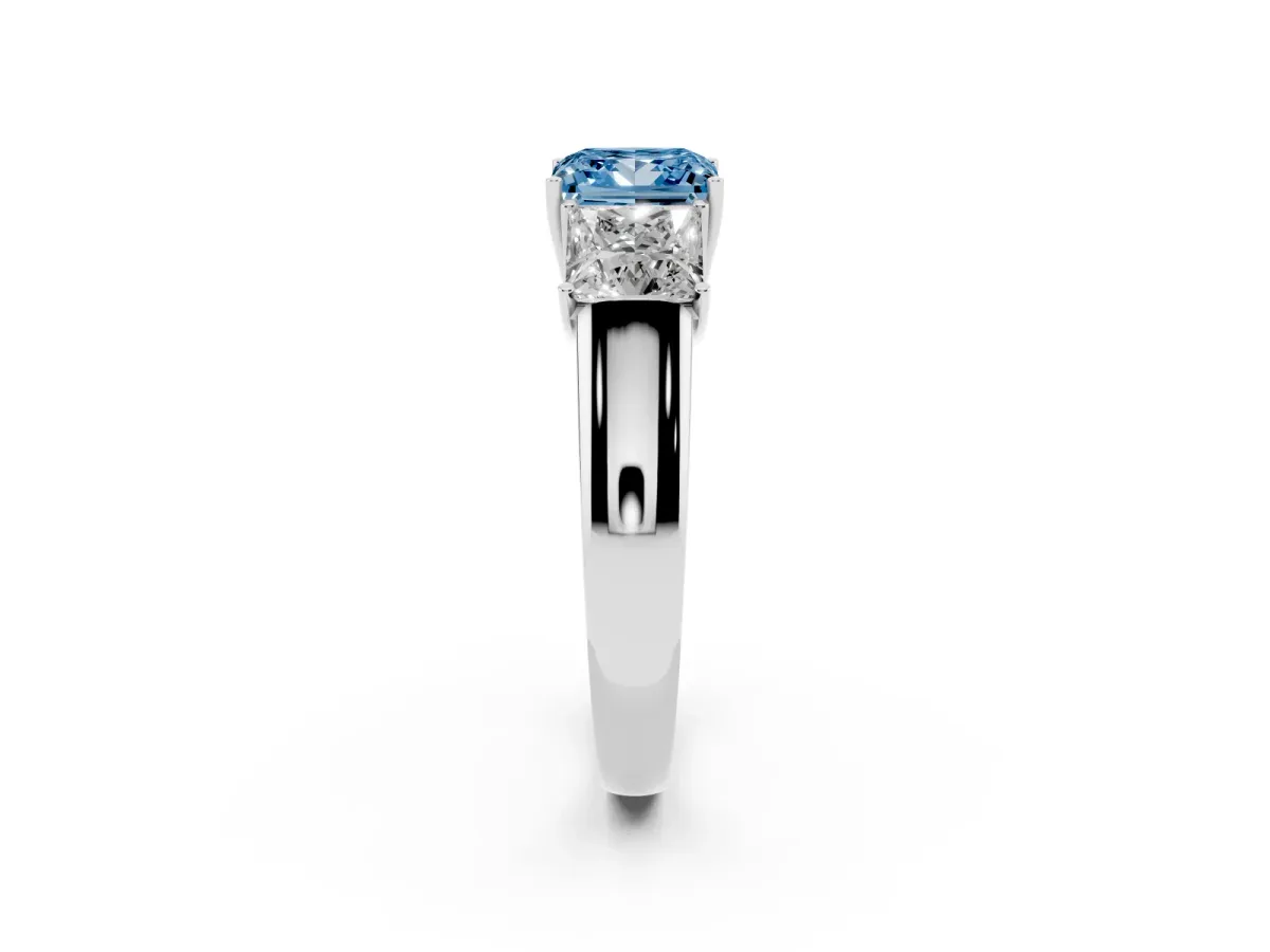 Fancy Blue Three-Stone Princess Cut Cut Diamond Ring with Prong Setting and Classic Band Silver
