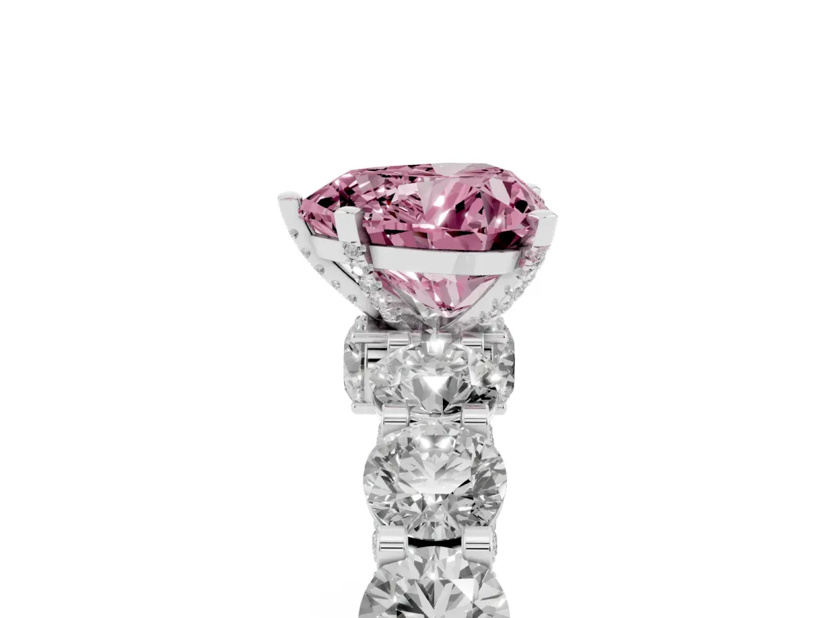 Fancy Pink Heart Cut Diamond Side Stone Engagement Ring with Four-Prong Setting Silver
