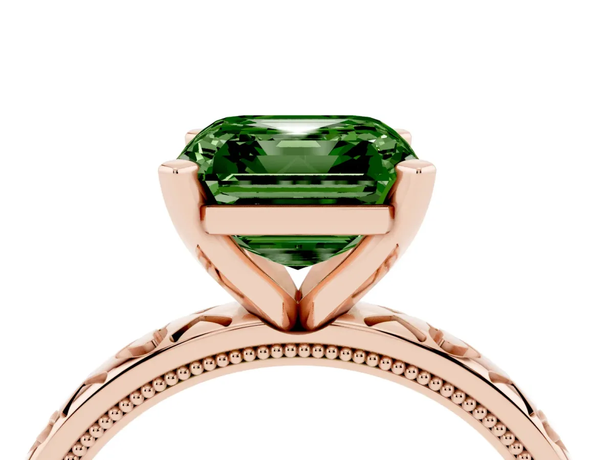 Fancy Green Asscher Cut Solitaire Diamond Engagement Ring with XO Engraved Band and Four-Prong Setting Rose gold