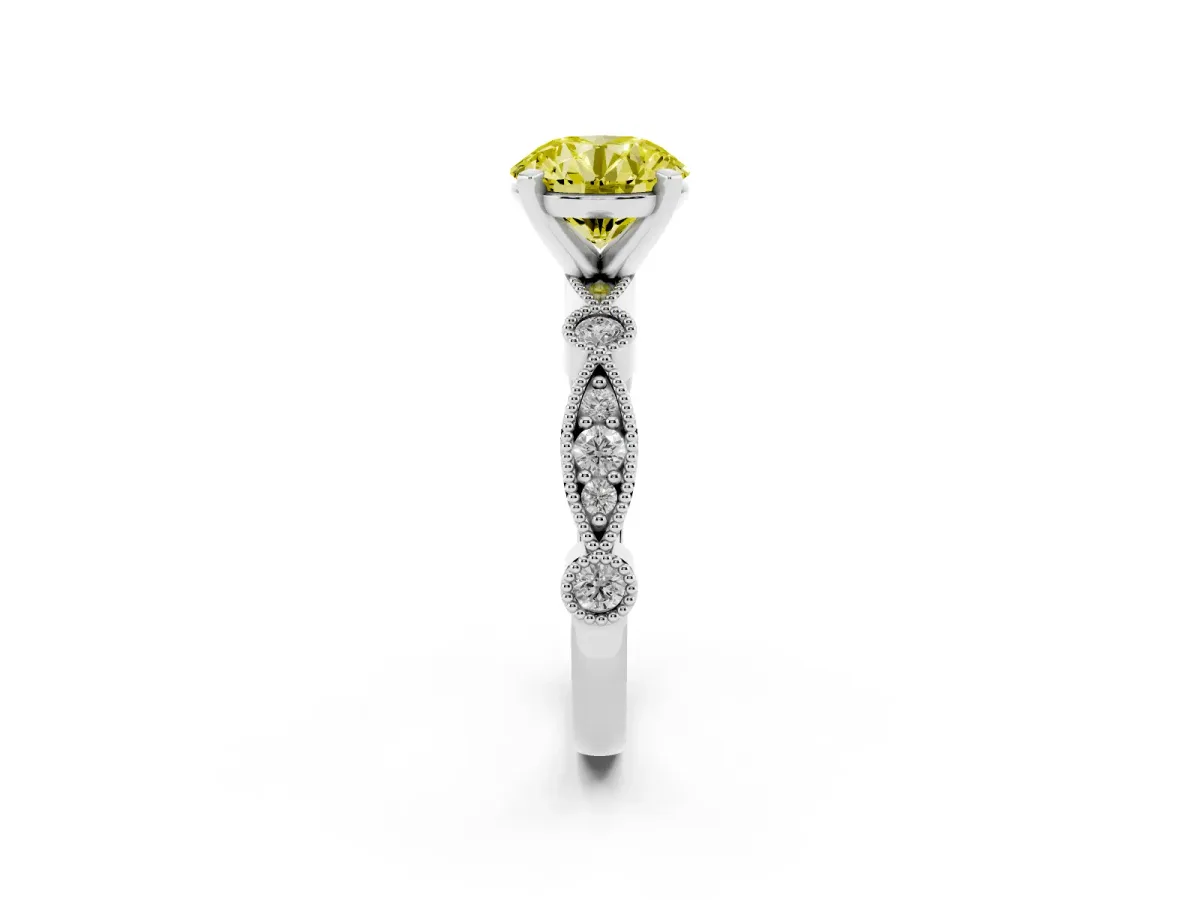 Fancy Yellow Round Cut Milgrain Bezel Diamond Engagement Ring with Solitaire Prong Setting Silver