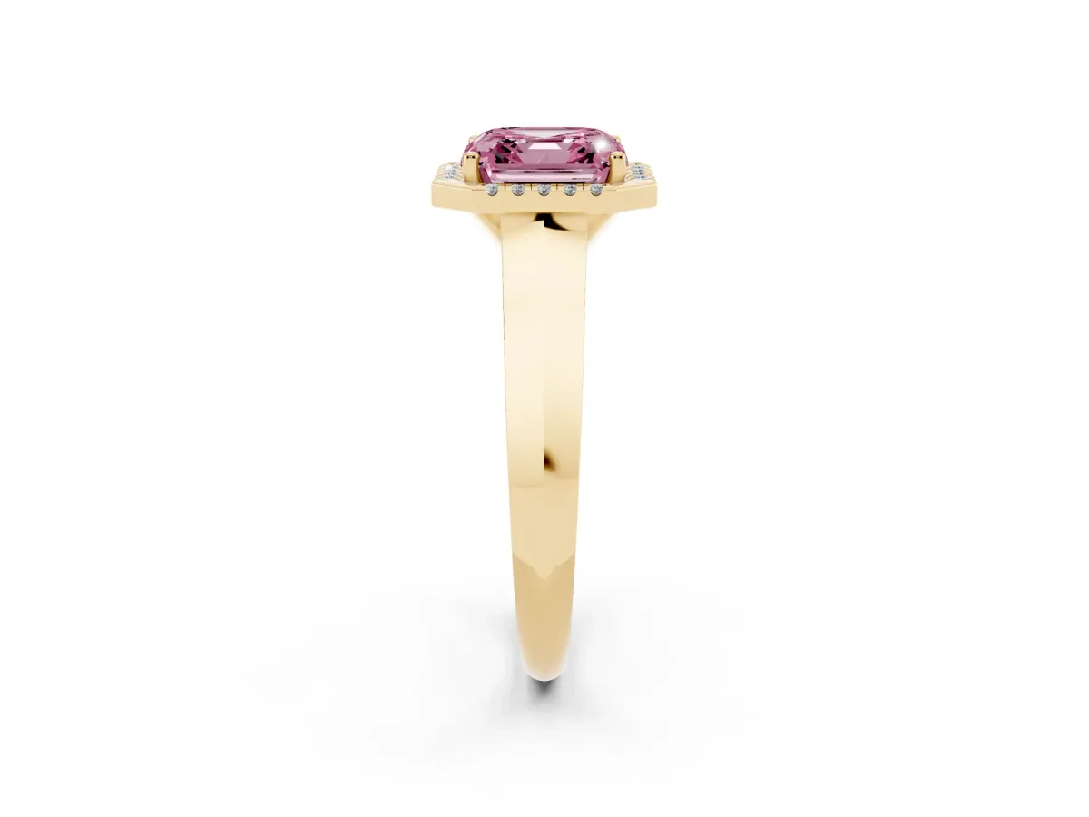 Fancy Pink Asscher Cut Halo Diamond Ring with Cathedral Band and Four-Prong Setting Yellow gold