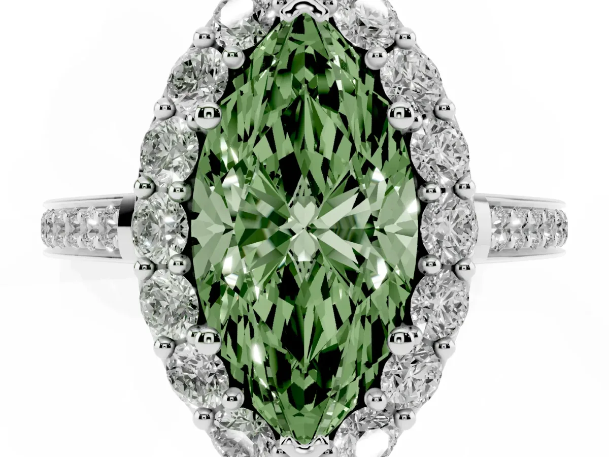Fancy Green Marquise Cut Diamond Floral Halo Ring with Pavé Band and Prong Setting Platinum