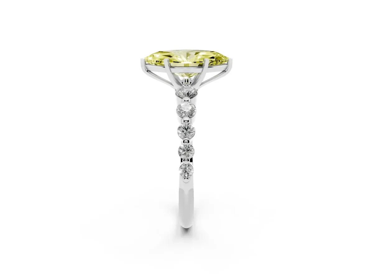 Fancy Yellow Marquise Cut Solitaire Diamond Ring with Pave Band and Four-Prong Setting Silver