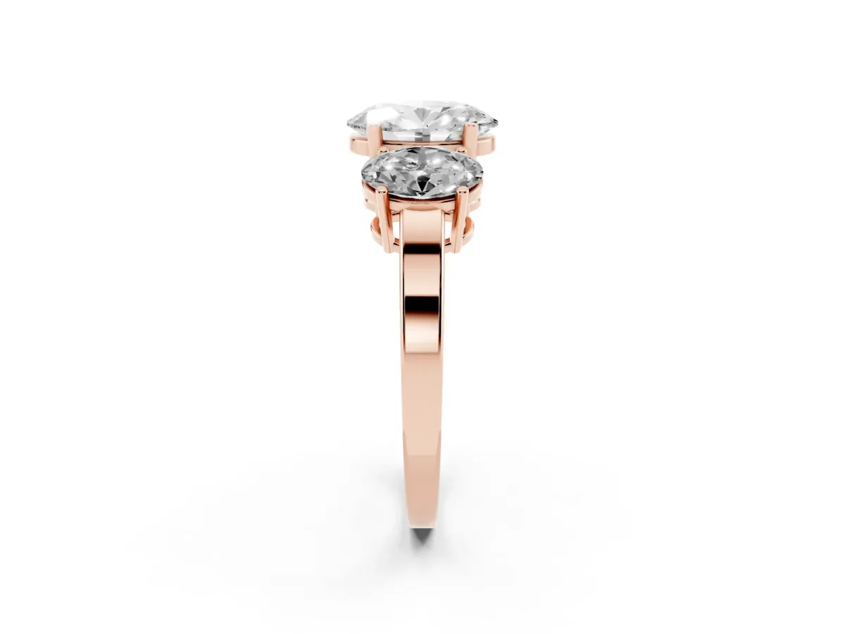 Three-Stone Oval Cut Cut Diamond Engagement Ring with Flat Band and Four-Prong Setting Rose gold