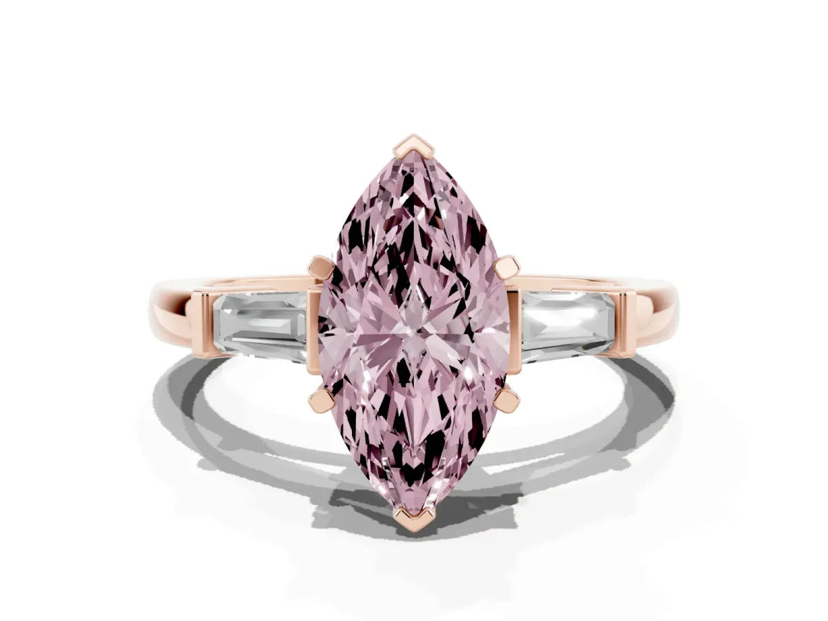 Fancy Pink Marquise Cut Cut Diamond Solitaire Ring with Tapered Baguette Accents and Four-Prong Setting Rose gold