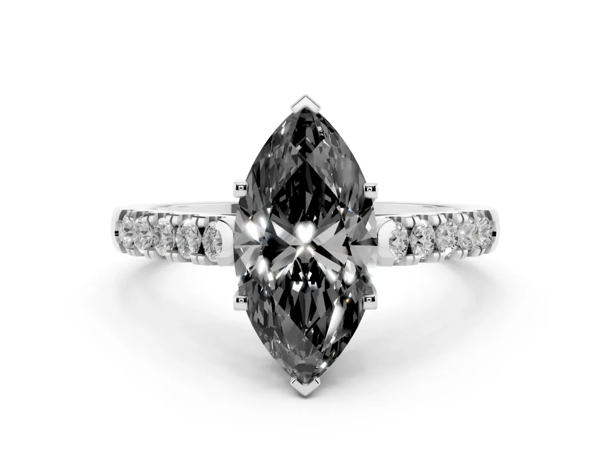 Fancy Black Marquise Cut Diamond Pavé Band Solitaire Ring with Prong Setting Silver