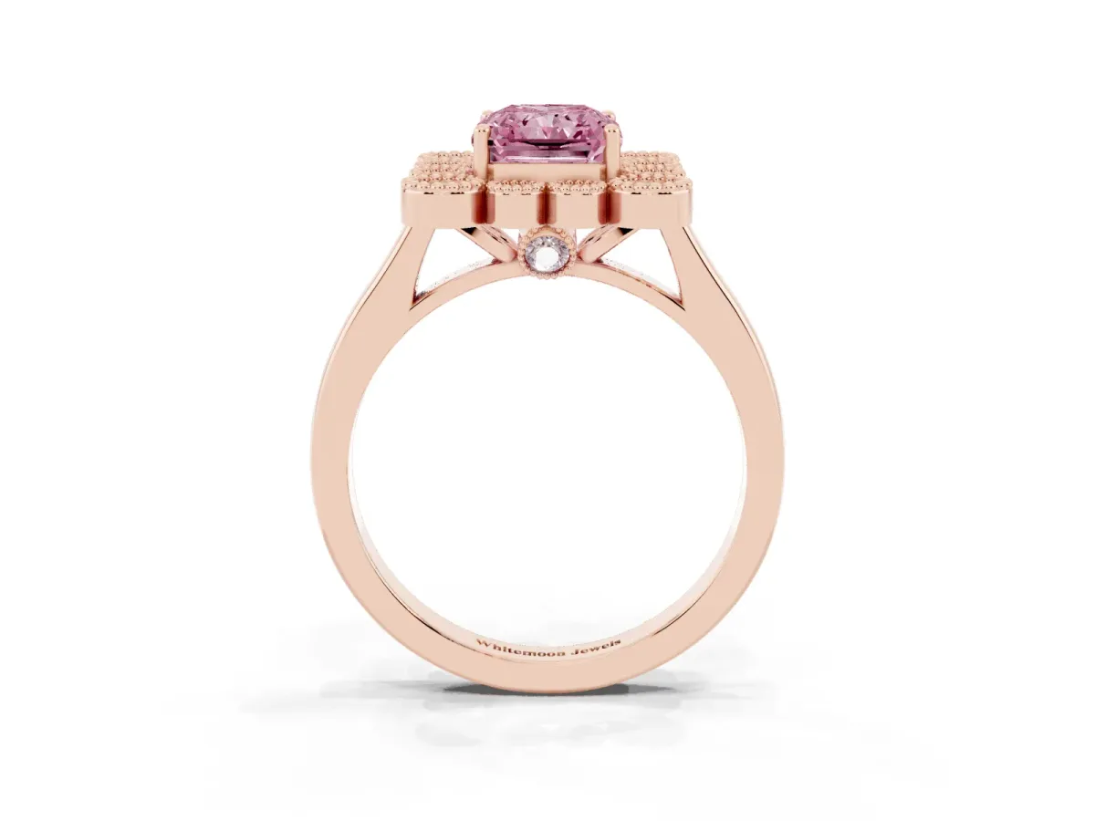 Fancy Pink Radiant Cut Halo Diamond Cluster Engagement Ring with Milgrain Bezel Setting and Solitaire Band Rose gold