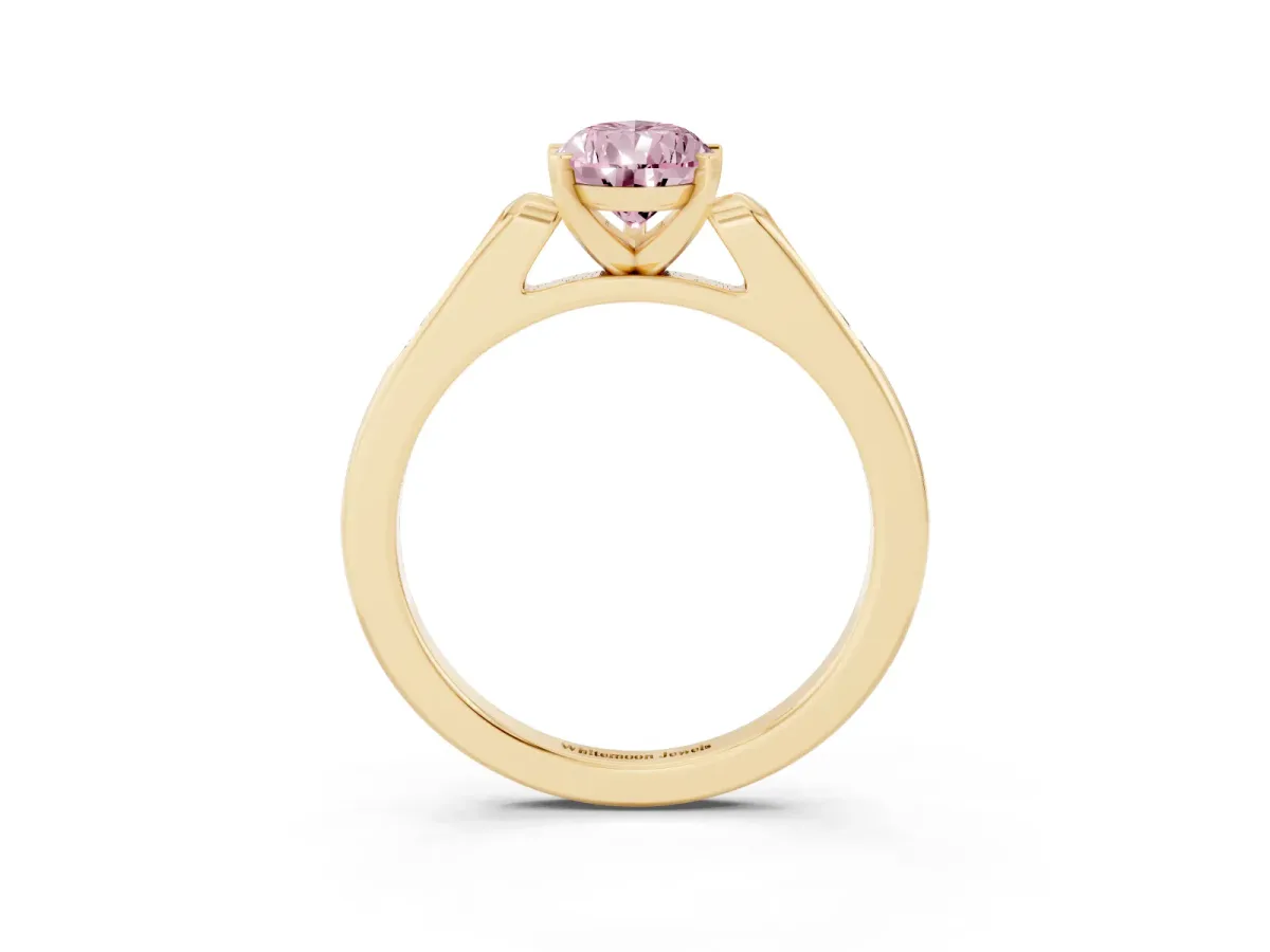 Fancy Pink Pear Cut Diamond Solitaire Ring with Channel Set Round Band and Prong Setting Yellow gold