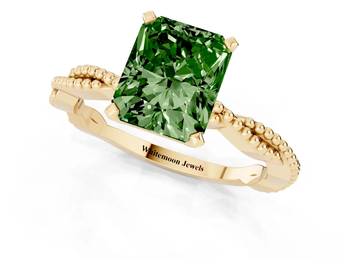 Fancy Green Radiant Cut Solitaire Twisted Band with Bead Prong Setting Yellow gold