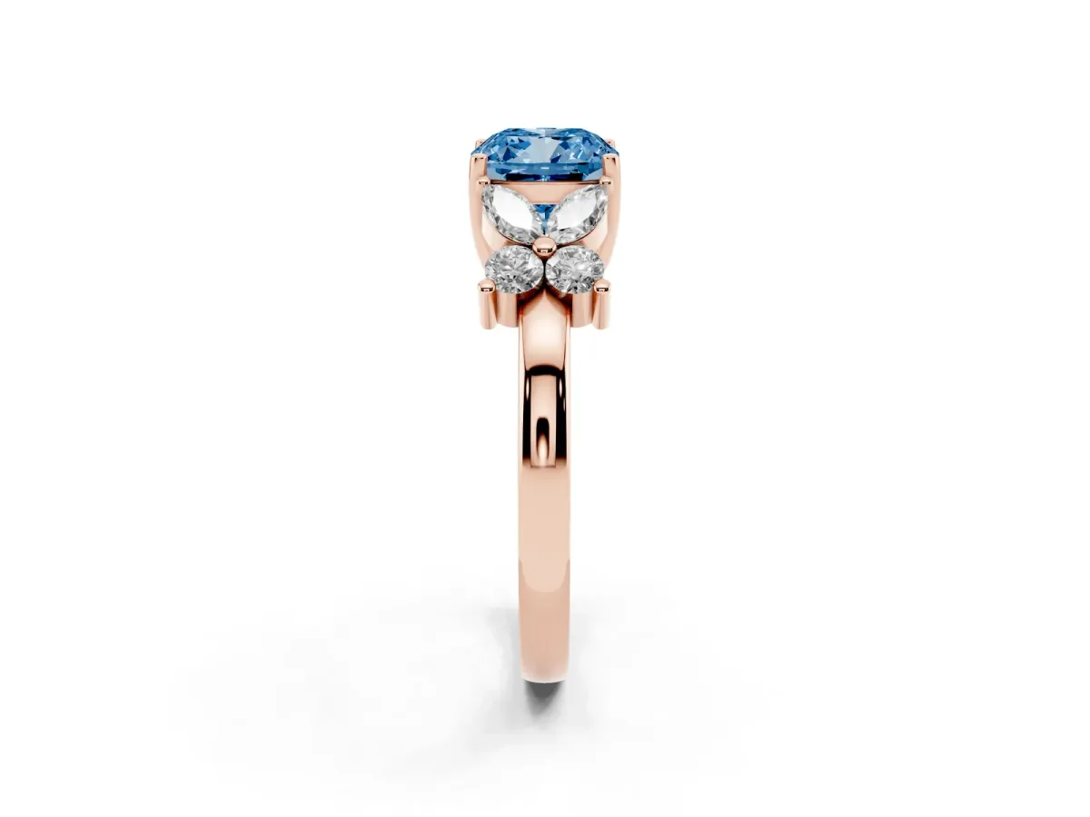 Fancy Blue Cushion Cut Diamond Floral Cluster Ring with Solitaire Band and Prong Setting Rose gold