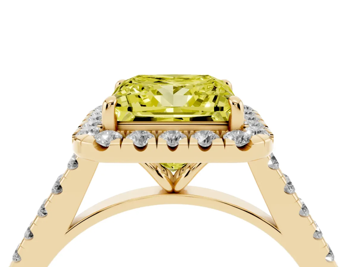 Fancy Yellow Princess Cut Halo Pave Diamond Engagement Ring with Four-Prong Setting Yellow gold