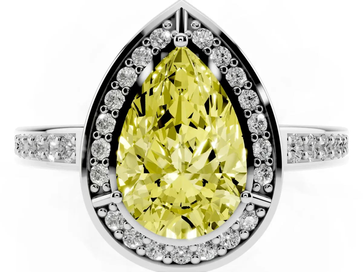 Fancy Yellow Pear Cut Cut Halo Pave Split Shank Prong Setting Ring Platinum