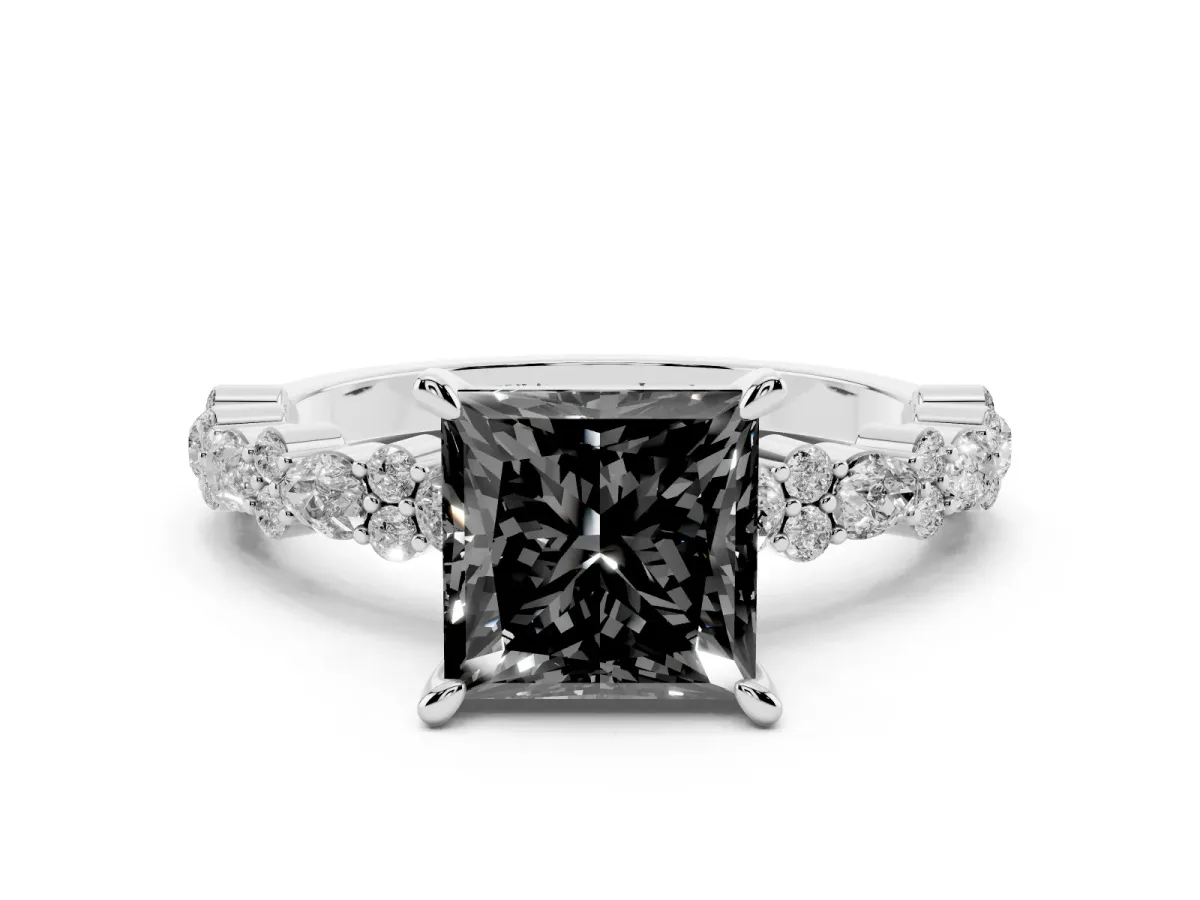 Fancy Black Princess Cut Diamond Side Stone Solitaire Ring with Round and Four-Prong Setting Silver