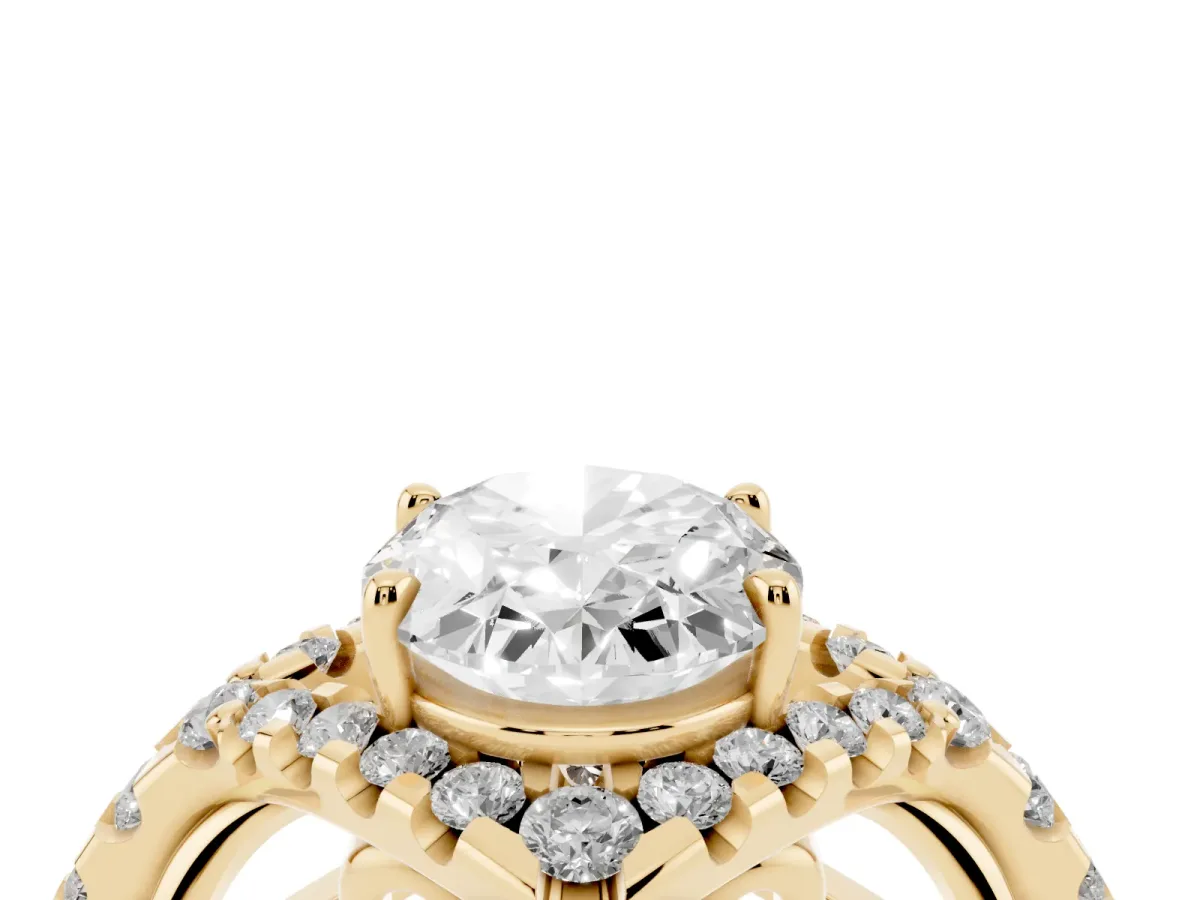 Oval Cut Diamond Solitaire Ring with Hidden Halo and Pavé Band Yellow gold