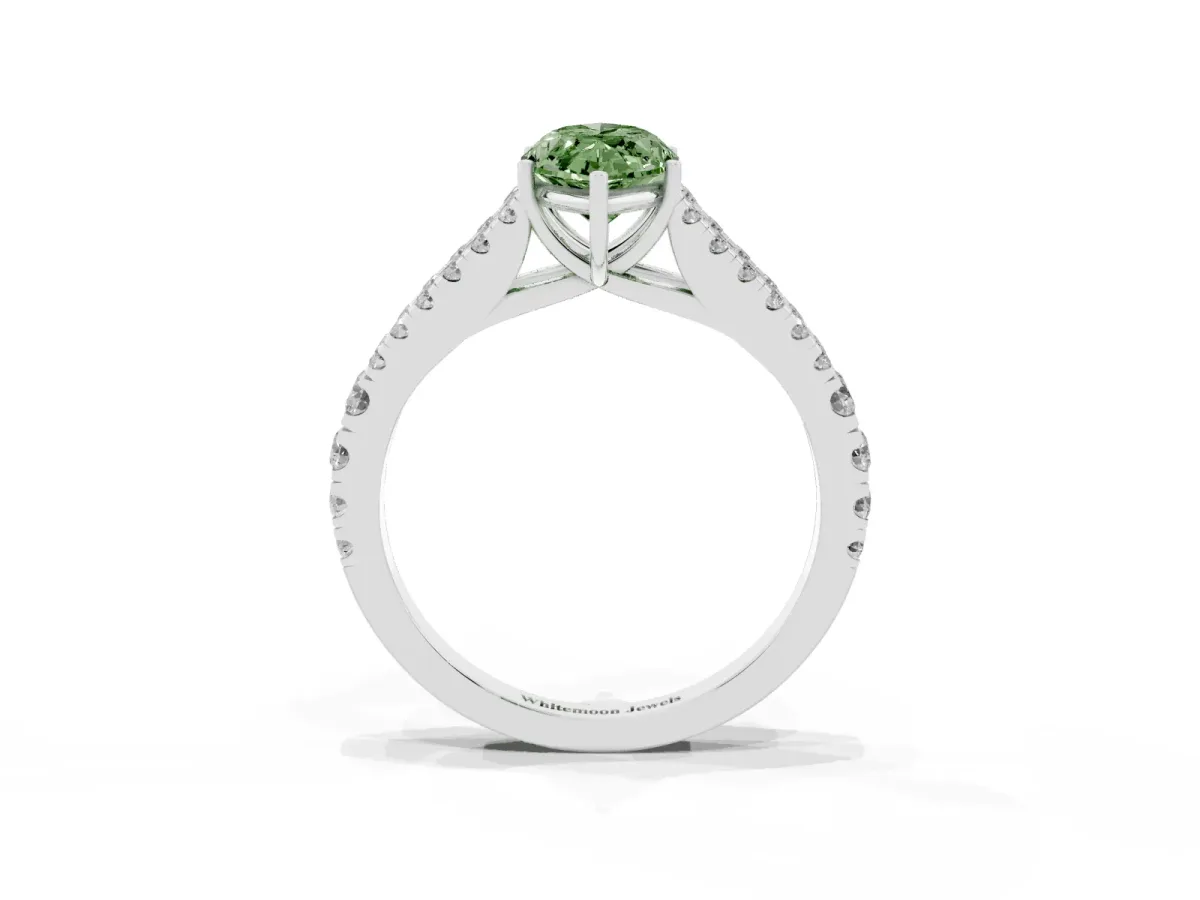 Fancy Green Marquise Cut Diamond Split Shank Engagement Ring with Round Pavé and Prong Setting Silver
