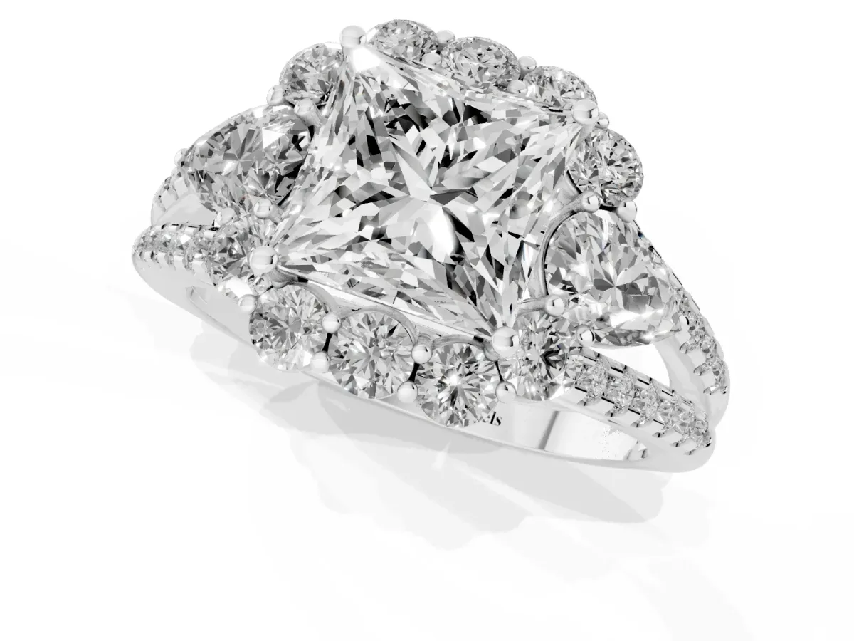 Princess Cut Halo Split Shank Diamond Engagement Ring with Prong Setting Platinum