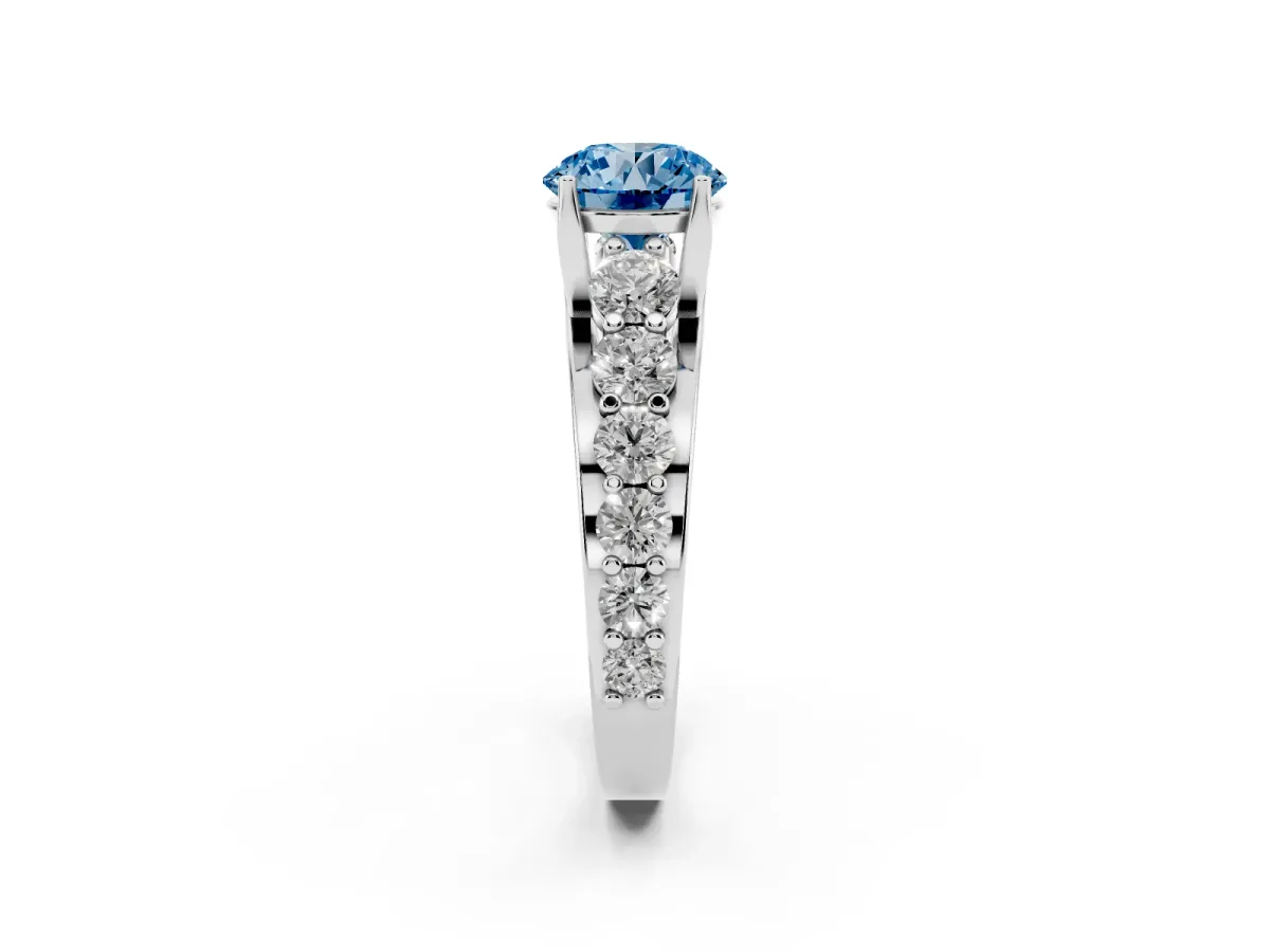 Fancy Blue Round Cut Diamond Engagement Ring with Pavé Band and Four-Prong Setting Silver