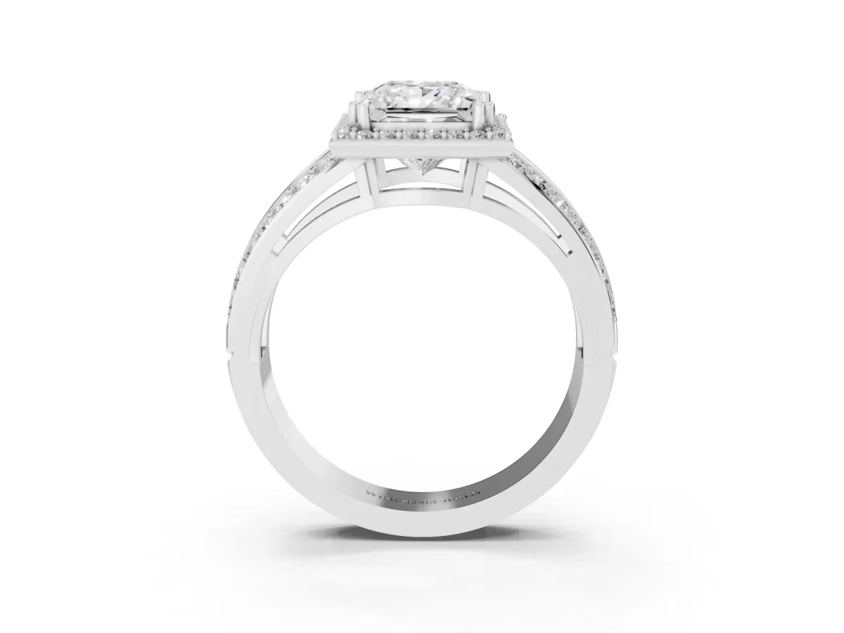 Princess Cut Diamond Halo Ring with Split Shank Pavé Band and Four-Prong Setting White gold
