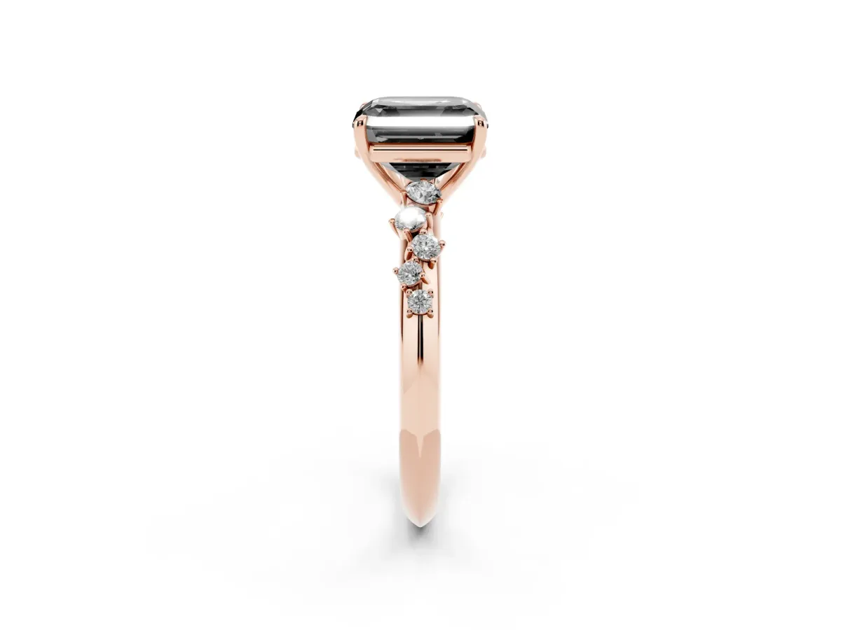 Fancy Black Asscher Cut Diamond Cluster Side Stone Solitaire Ring with Prong Setting Rose gold
