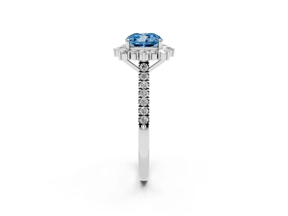 Fancy Blue Cushion Cut Halo Diamond Ring with Pavé Band and Prong Setting White gold