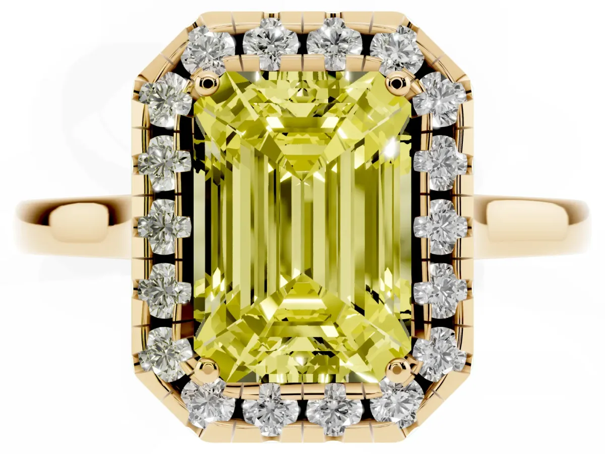 Fancy Yellow Emerald Cut Halo Round Diamond Solitaire Ring with Pavé Band and Four-Prong Setting Yellow gold