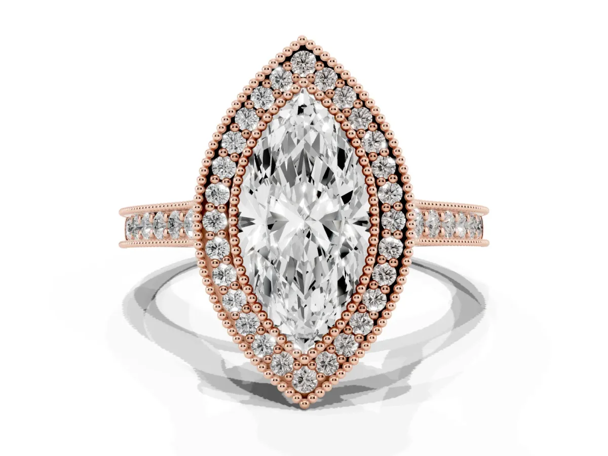Halo Marquise Cut-Cut Diamond Pave Band Milgrain Prong Setting Ring Rose gold