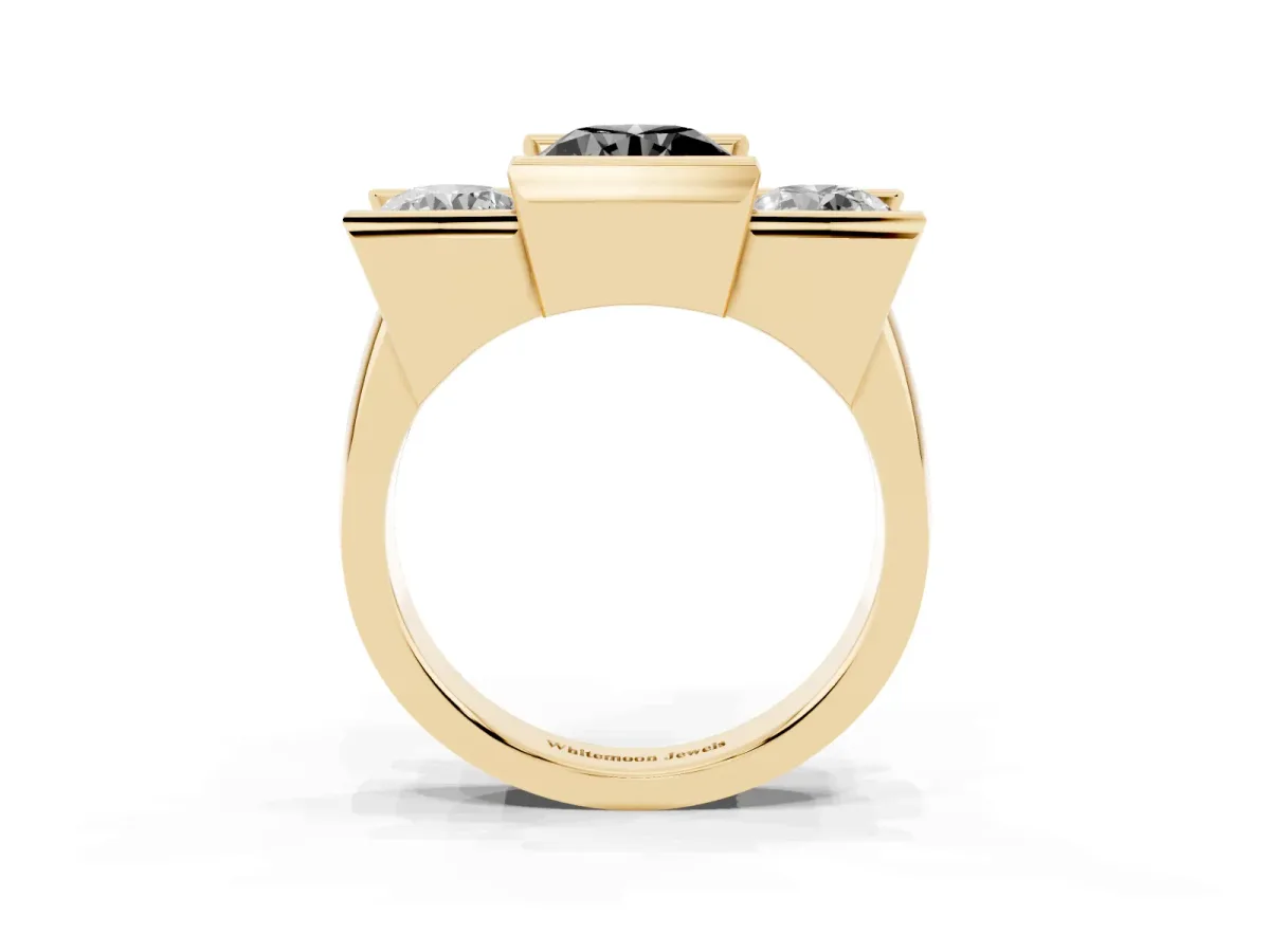 Fancy Black Three Stone Round Cut Cut Channel Set Diamond Ring Yellow gold