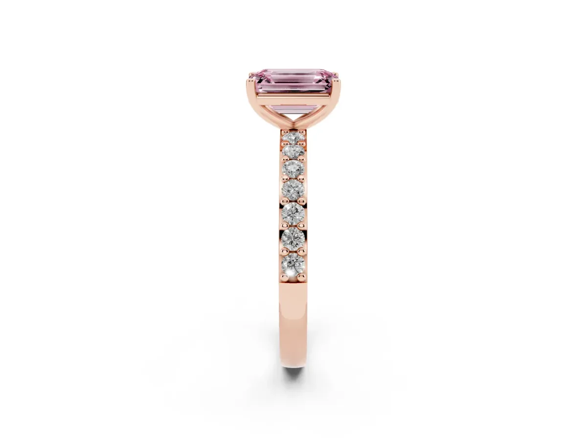 Fancy Pink Emerald Cut Cut Diamond Solitaire with Pave Band and Four-Prong Setting Rose gold