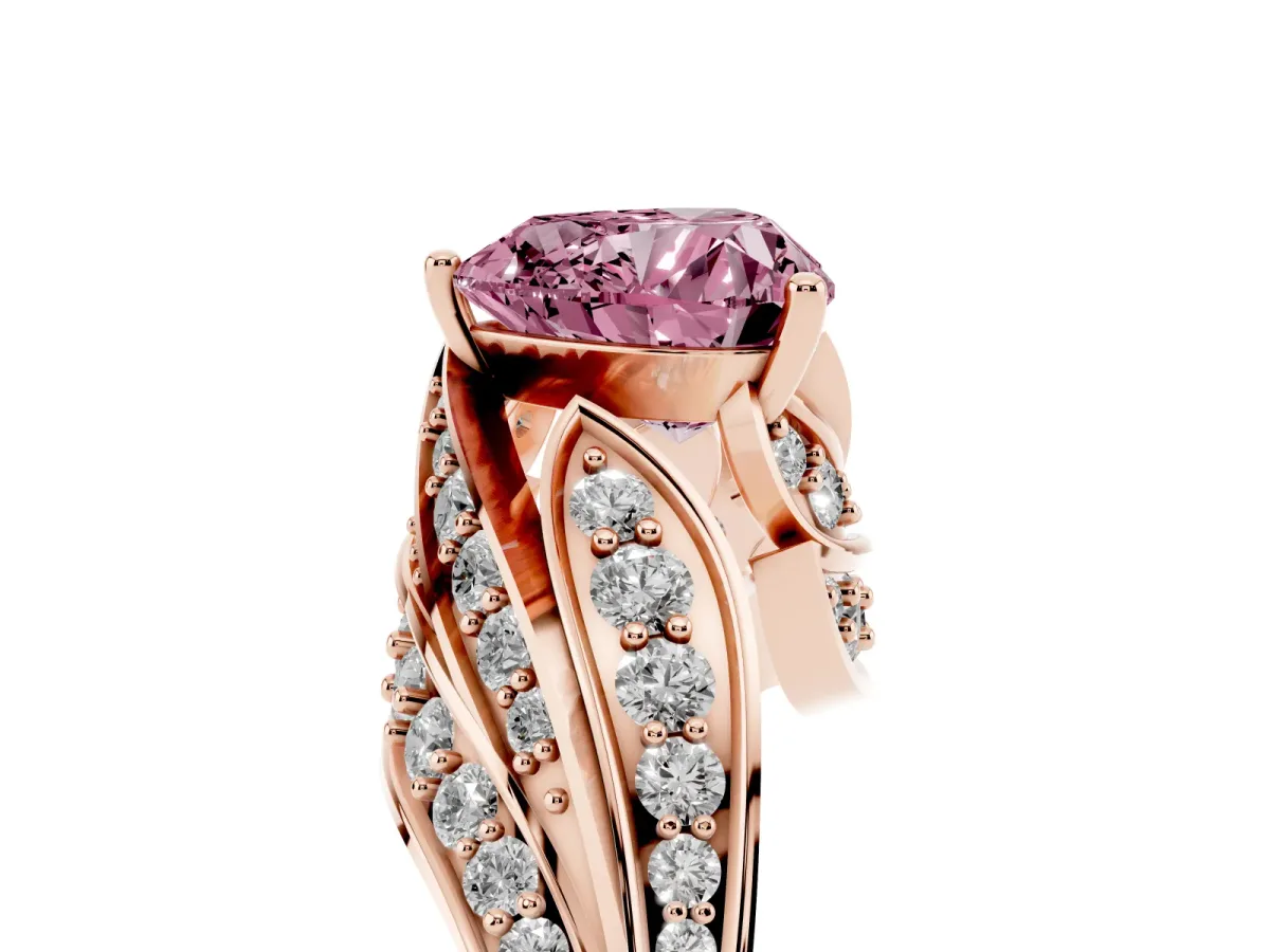 Fancy Pink Heart Cut Diamond Solitaire Ring with Prong Setting and Twisted Pavé Band Rose gold