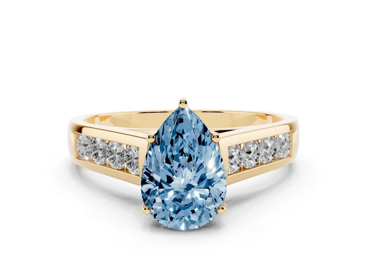 Fancy Blue Pear Cut Solitaire Channel-Set Diamond Engagement Ring with Four-Prong Setting Yellow gold