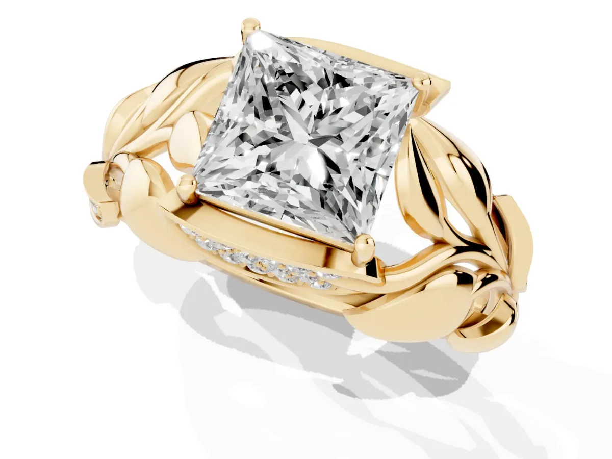 Princess Cut Diamond Leaf-Inspired Engagement Ring with Round Accents and Prong Setting Yellow gold