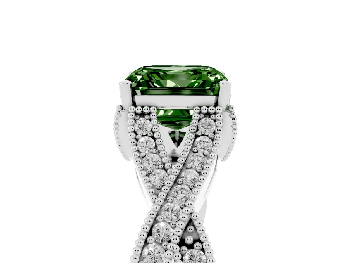 Fancy Green Asscher Cut Cut Diamond Twisted Band with Milgrain Pave Setting and Four-Prong Setting Platinum