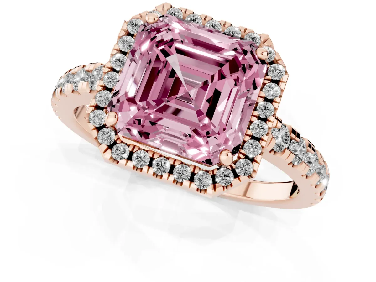 Fancy Pink Asscher Cut Diamond Halo Ring with Pavé Band and Four-Prong Setting Rose gold