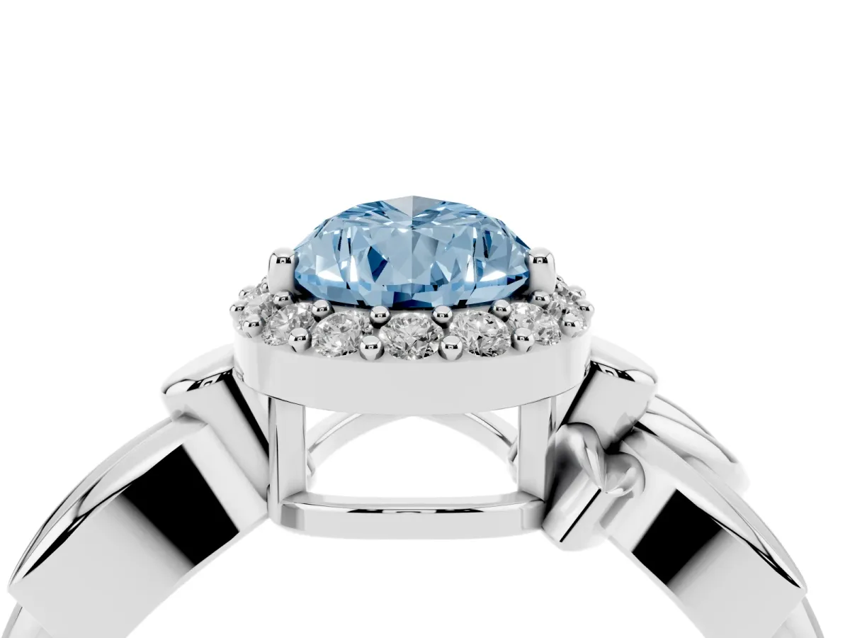 Fancy Blue Pear Cut Halo Diamond Floral Band with Four-Prong Setting Silver