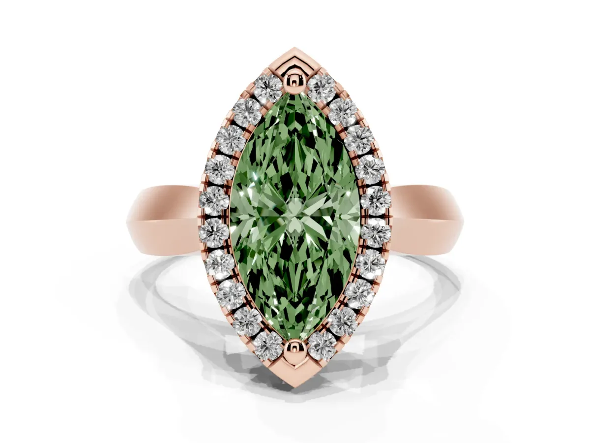 Fancy Green Marquise Cut Cut Halo Solitaire Engagement Ring with Square Band and Four-Prong Setting Rose gold