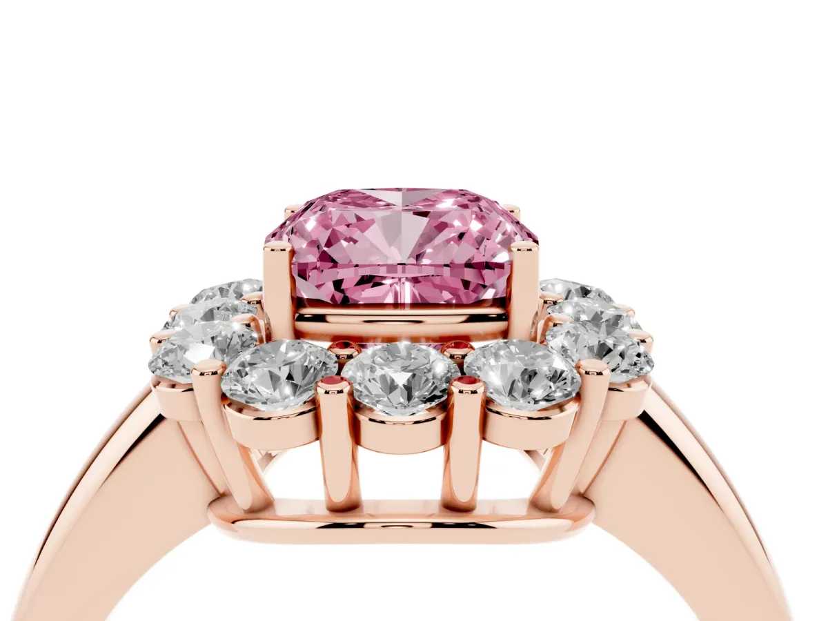 Fancy Pink Cushion Cut Halo Cluster Diamond Engagement Ring with Prong Setting and Polished Band Rose gold