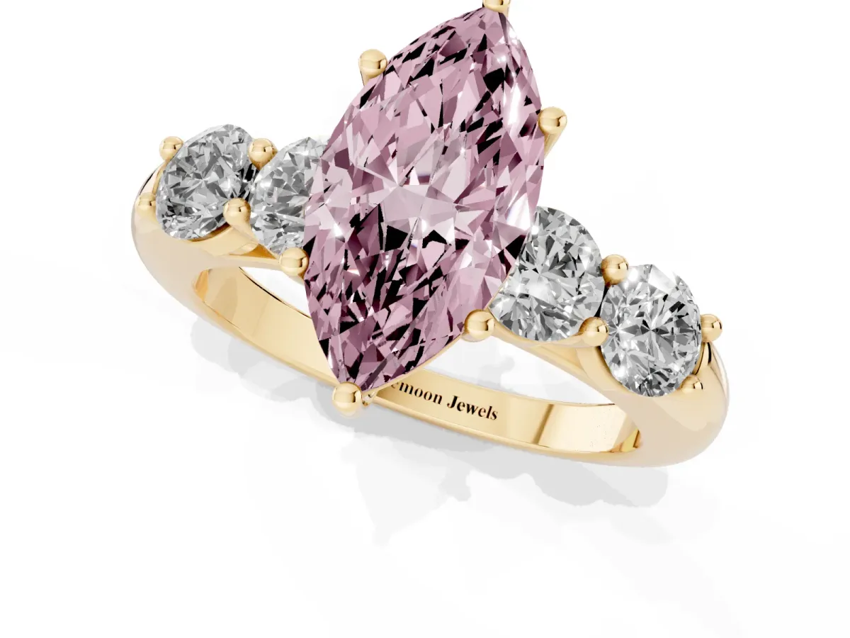 Fancy Pink Marquise Cut Cut Five-Stone Prong Set Diamond Ring with Classic Band Yellow gold