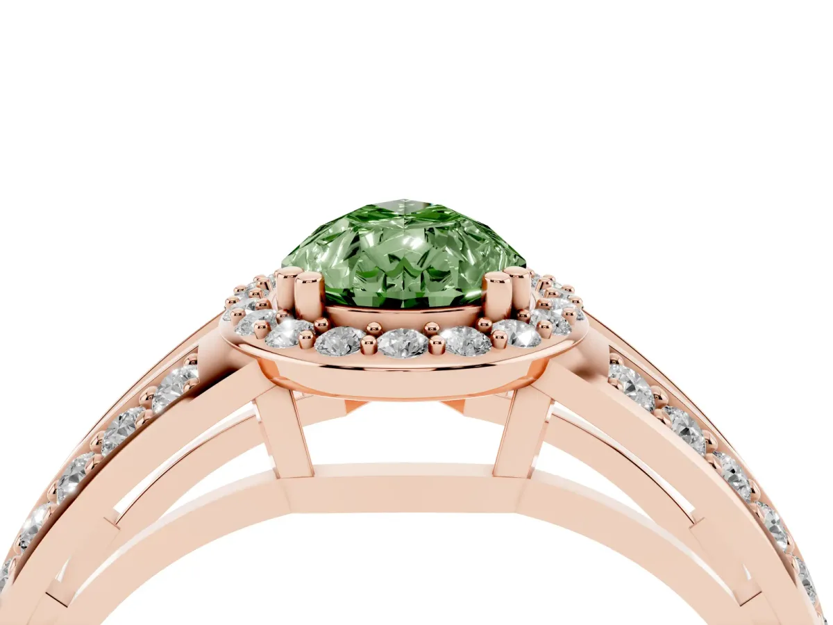 Fancy Green Pear Cut Diamond Halo Ring with Split Shank Pavé Band and Four-Prong Setting Rose gold