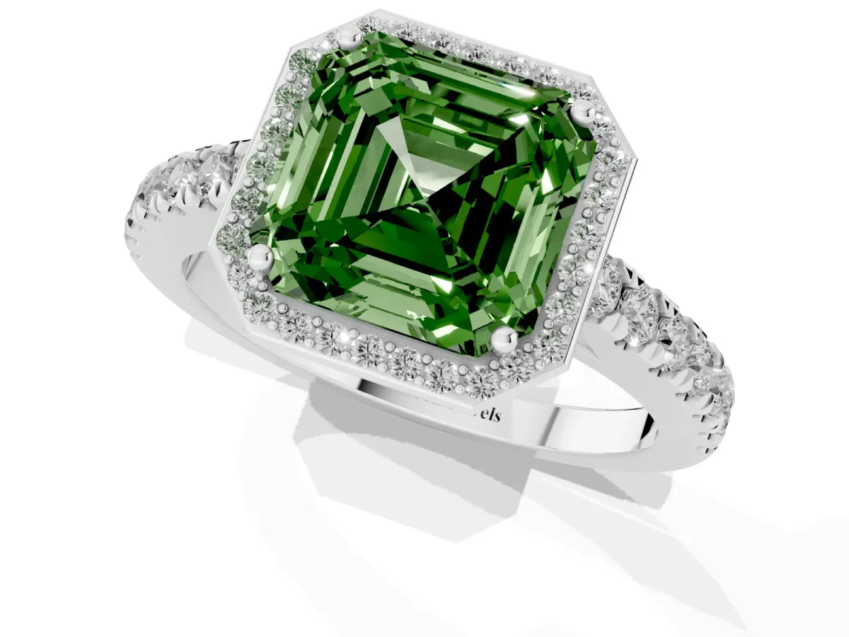 Fancy Green Asscher Cut Cut Halo Diamond Engagement Ring with Pave Band and Four-Prong Setting White gold