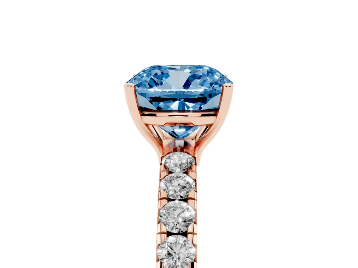 Fancy Blue Cushion Cut Diamond Pavé Solitaire Engagement Ring with Four-Prong Setting Rose gold