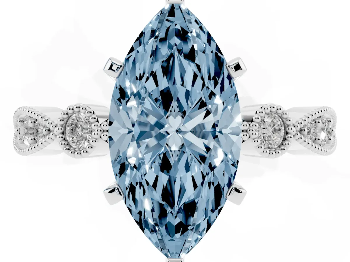 Fancy Blue Marquise Cut Milgrain Bezel Diamond Engagement Ring with Solitaire Prong Setting Silver