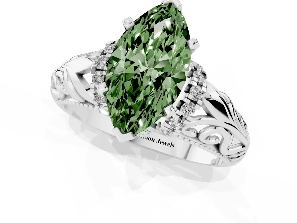 Fancy Green Marquise Cut Solitaire Filigree Engagement Ring with Halo and Prong Setting Silver