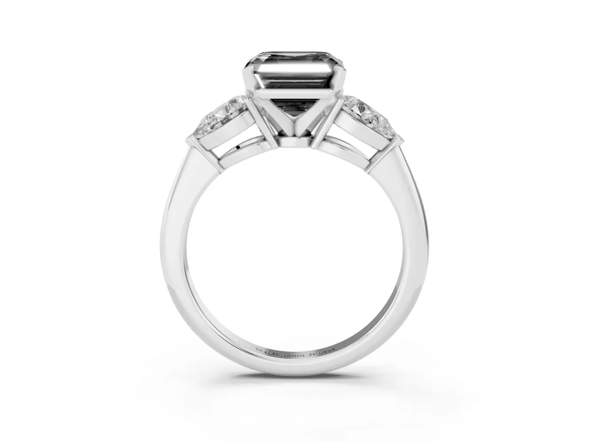 Fancy Black Three-Stone Asscher Cut Diamond Ring with Pear Side Stones and Four-Prong Setting Silver