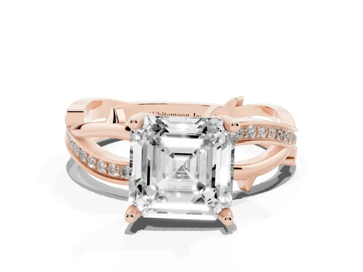 Asscher Cut Solitaire Twist Band with Pavé Accents and Four-Prong Setting Rose gold
