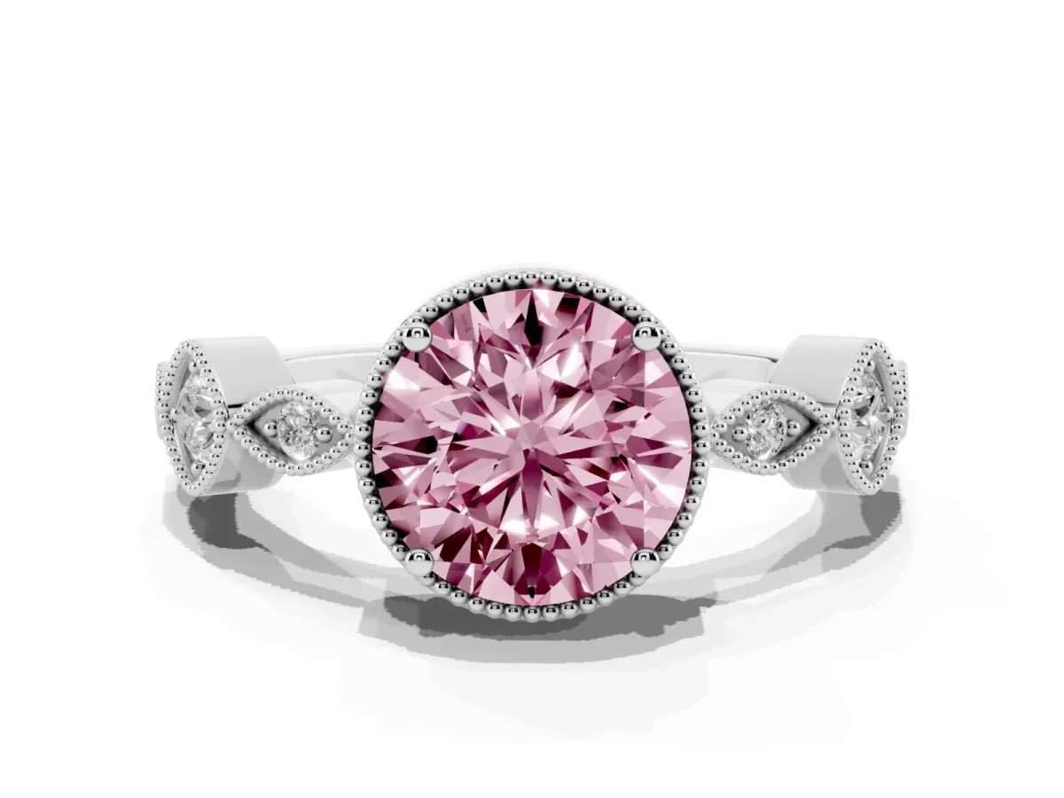 Fancy Pink Round Cut Diamond Vintage Milgrain Ring with Round Stations Silver